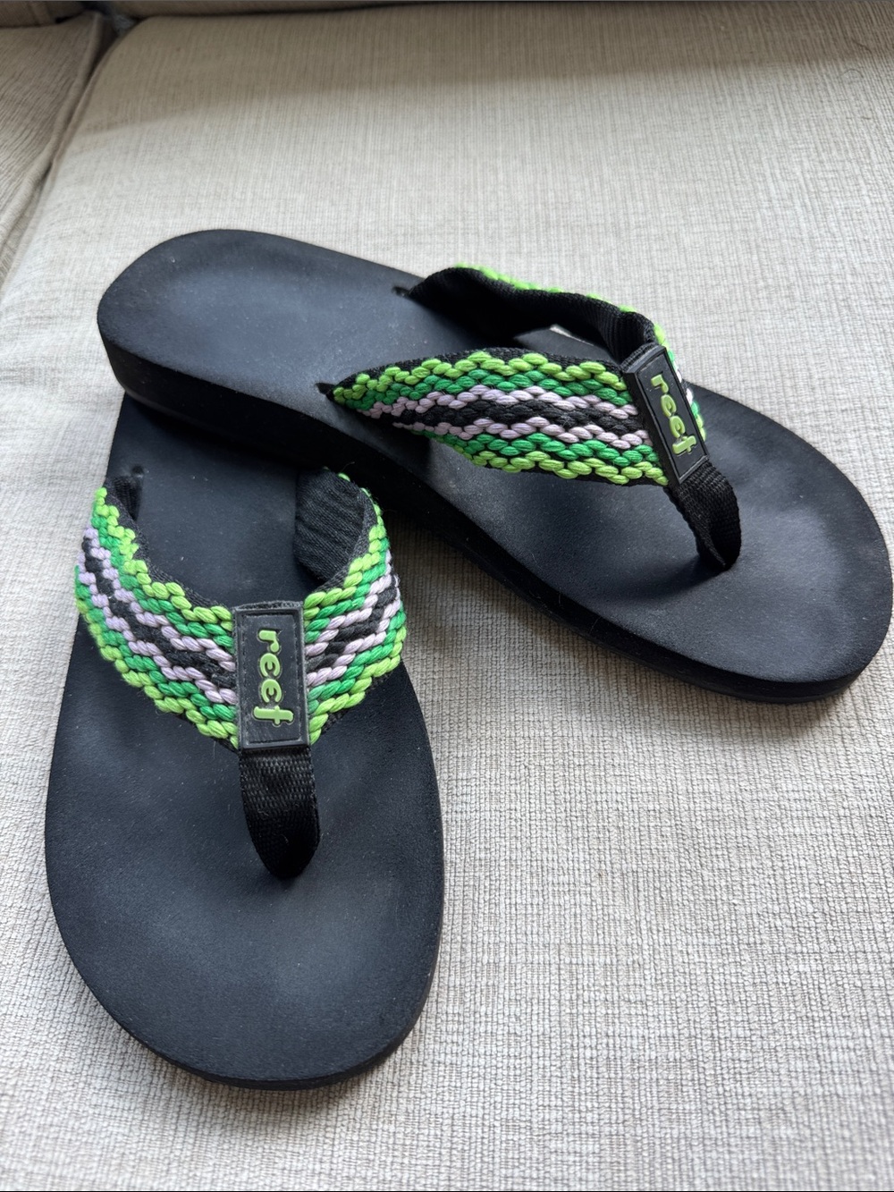 Reef Black Flip Flops with‎ Green and Lilac Braided Straps